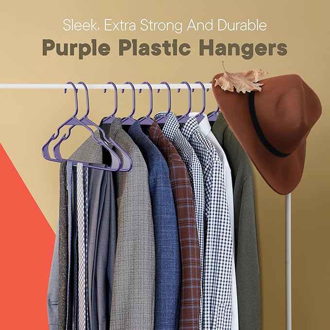 Purple Plastic Hangers 150 Pack– Heavy-Duty Plastic Hangers Slim and Space-Saving, Durable and Lightweight with Non-Slip Shoulder Notches for Slip Dresses, Suits, Jackets & Camisoles