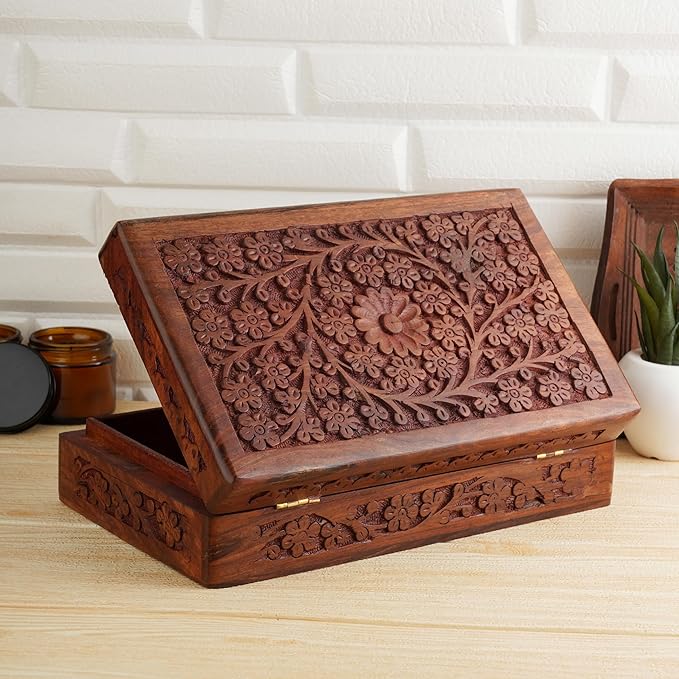 Ajuny Wooden Handcarved Decorative Jewelry Storage Box Flower Design Multipurpose Treasure Chest Keepsake Organizer Necklaces Watch Boxes Great for Gifts 8x5 Inch