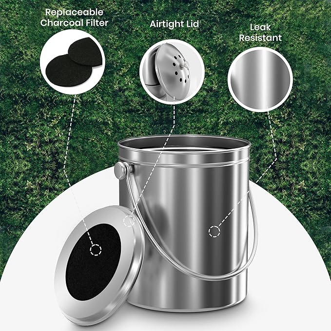 Utopia Kitchen Countertop Compost Bin Kitchen with Charcoal Filter -1.3gallon Stainless Steel Kitchen Compost Bin Countertop - Ideal Kitchen Essentials or Small Composter for Under The Sink Trash
