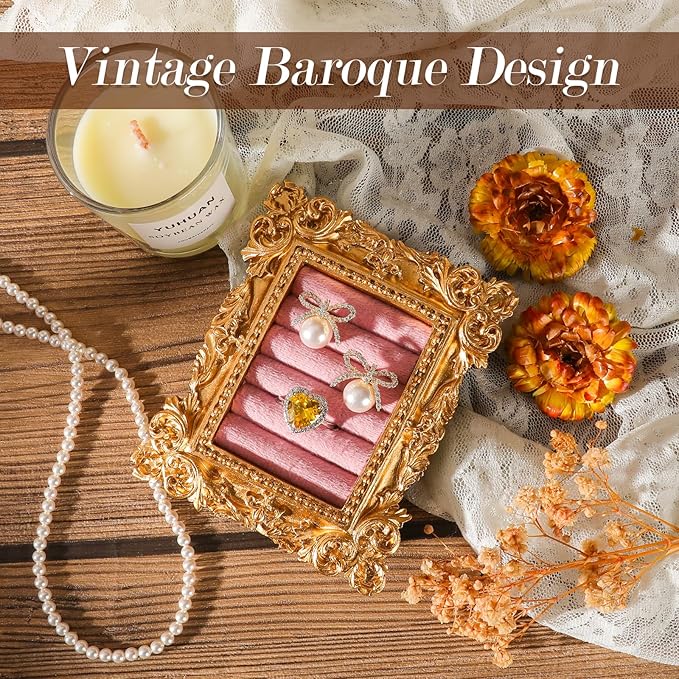 Vintage Ring Holder Rectangle Gold Velvet Display Stand - Baroque Jewelry Organizer Box Tray for Wedding Engagement Anniversary Women Birthday Christmas Gift Photograph Prop (MPF05-Gold Pink)