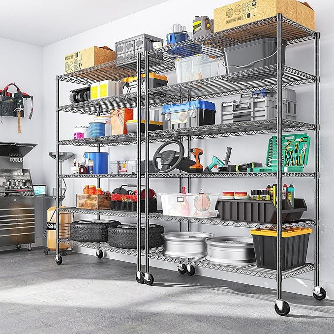 Romorgniz 82"H X45"W X18"D Storage Shelves with Wheels, 6 Tier Wire Shelving Adjustable Metal Shelving Pantry Shelves Capacity 1200LBS for Garage Shelving, Pantry, Kitchen, Closet, Commercial, Black