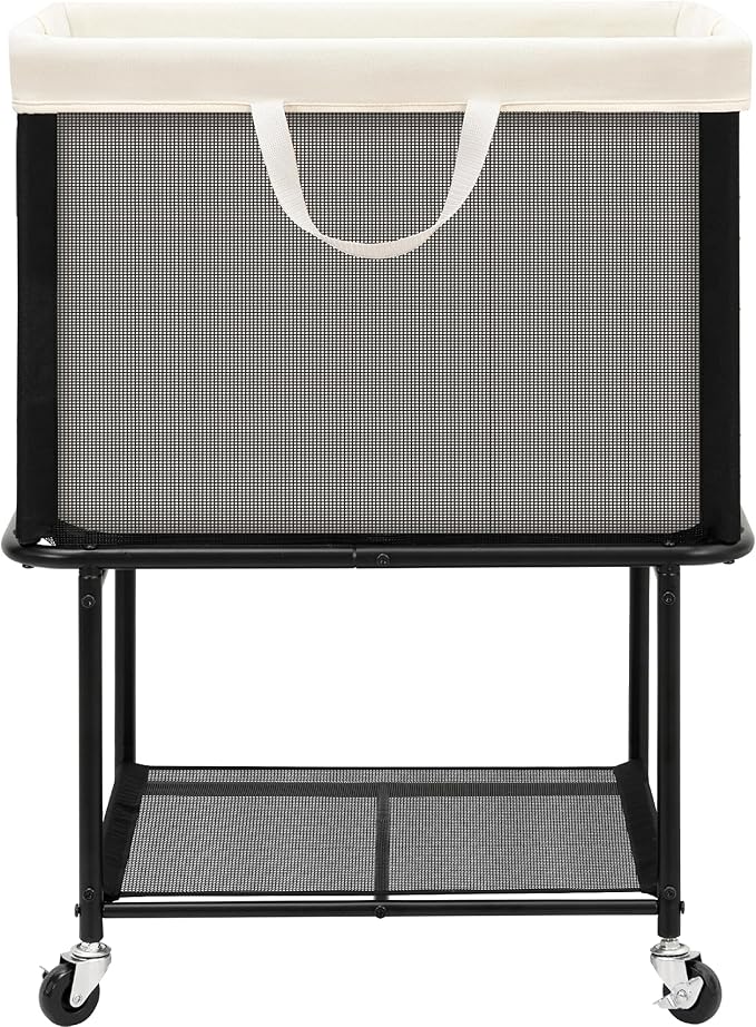 STO STO Rolling Laundry Hamper with Lockable Wheels, 29-Gallon (110L) Laundry Cart with Removable Canvas Bag, 2-Tier Clothes Basket Hamper with Shelf for Closet, Bedroom, Bathroom, Laundry Room