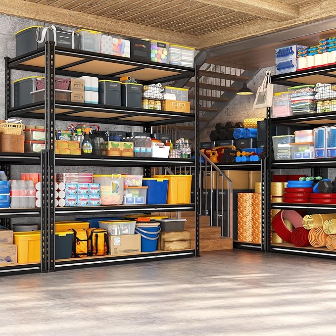 REIBII 48" W Garage Shelving 3080LBS Storage Shelves 5 Tier Industrial Shelving Adjustable Metal Storage Shelves for Garage, Basement, Warehouse, Commercial, Easy Assemble, 48" W x 72" H x 24" D, 4PC