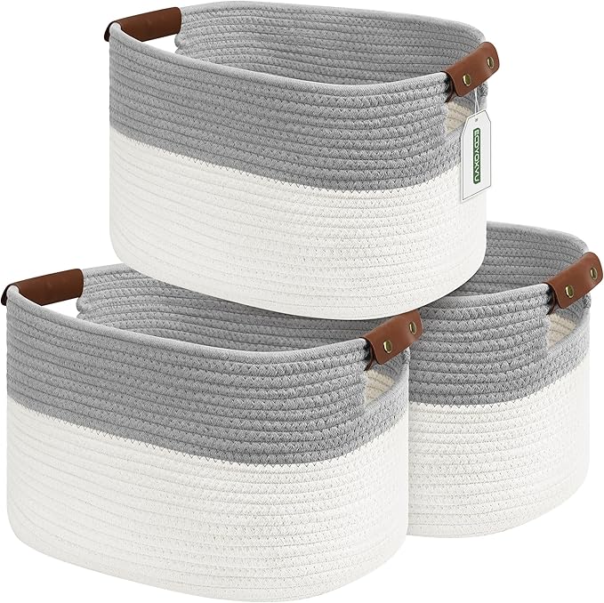 ECDYQXVU Cotton Rope Storage Baskets,15x10x9 in,Foldable Storage Bins, Decorative Woven Basket Cube Storage Organizer for Laundry, Towel, Clothes (White/Grey-3Pack, 15x10x9 inches)