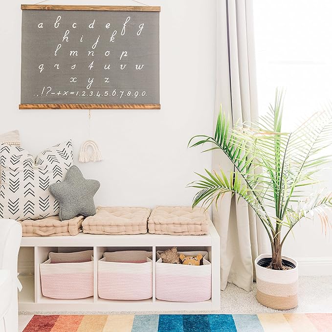 OrganiHaus Rope Baskets for Shelves - Set of 3 Woven Storage Baskets for Organizing, Closet & Toy Storage - Pink/Off-White - 15x9x10