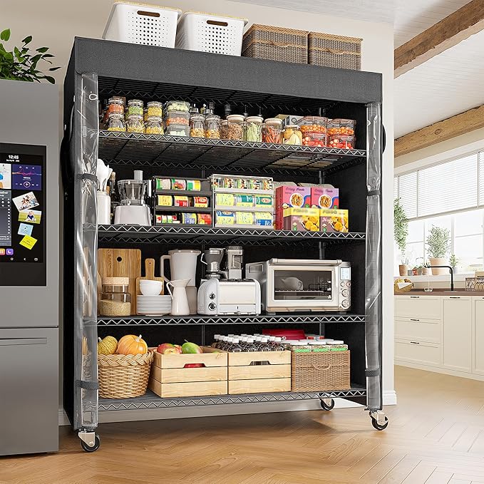 REIBII 45''W Storage Shelves with Cover & Wheels, Metal Shelving Waterproof Dustproof, Wire Shelving Unit Covers, Garage Storage Rack Wire Shelf for Kitchen Pantry, Storage Room, 45Wx17.72Dx72.83H
