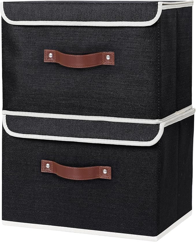 ANMINY 4PCS Storage Bin with Lid Storage Boxes with PU Leather Handles PP Plastic Board Decorative Foldable Lidded Cotton Linen Fabric Home Cubes Baskets Closet Organizer Container - Black, Medium