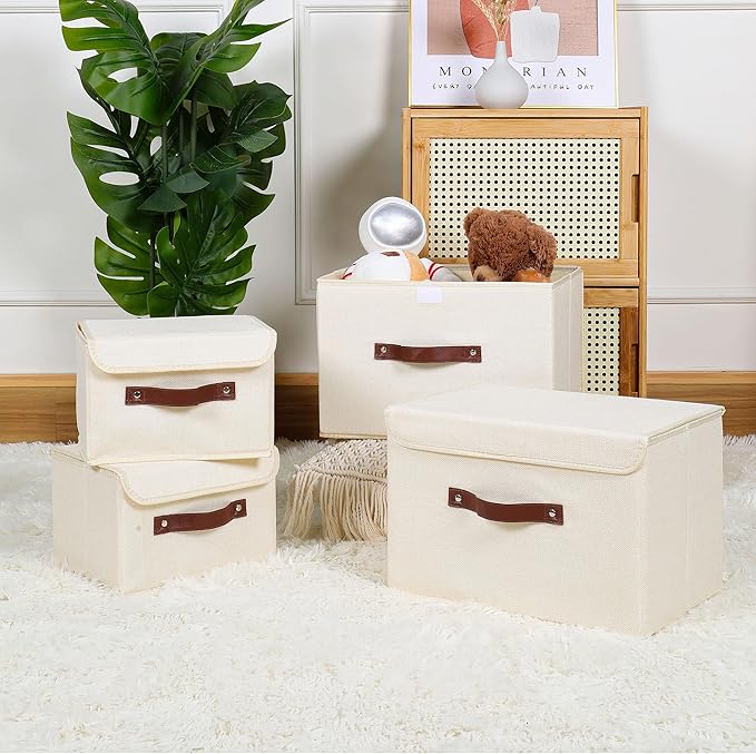 ANMINY Storage Bin with Lid Storage Boxes with PU Leather Handles PP Plastic Board Decorative Foldable Lidded Cotton Linen Fabric Home Cubes Baskets Closet Organizer Container - Beige, Medium