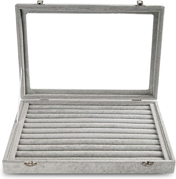 Frebeauty Rings/Earrings Organizer Tray with Clear Lid 10 Slots Velvet Drawer Insert Jewelry Storage box with Glass lid Jewelry Display Case Showcase Gift for Girls Women (Grey, 10 Slots)