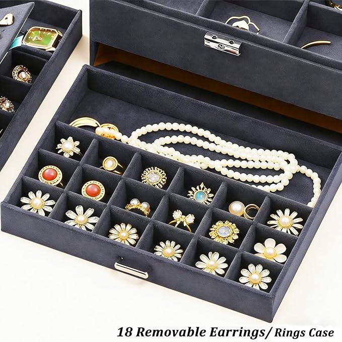 QBestry 3-Layer Jewelry Box for Women with Lock and Key & Drawer, Large Jewelry Organizer with 8 Necklace Hooks & 56 Earring Holes, Grey Velvet Jewelry Storage Box for Necklaces Earrings Ring Bracelet