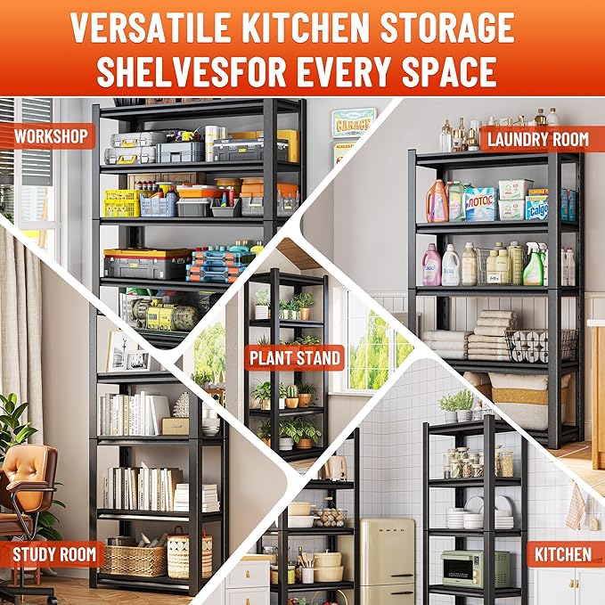Garage Shelving,6-Tier Heavy Duty Shelving, 3500 lbs Capacity Garage Storage Shelves, Industrial Shelves for Heavy Tools and Equipment, Ideal for Garage, Basement, Black 82" H x 46" W x 18" D