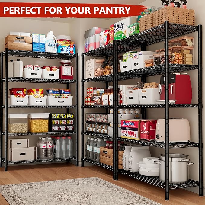REIBII Storage Shelves Load 1980LBS,5 Tier Metal Shelving Unit with Wheels,Adjustable Wire Shelving Metal Storage Shelves Commercial Shelf for Garage Pantry Kitchen,76''HX36''WX16''D Black