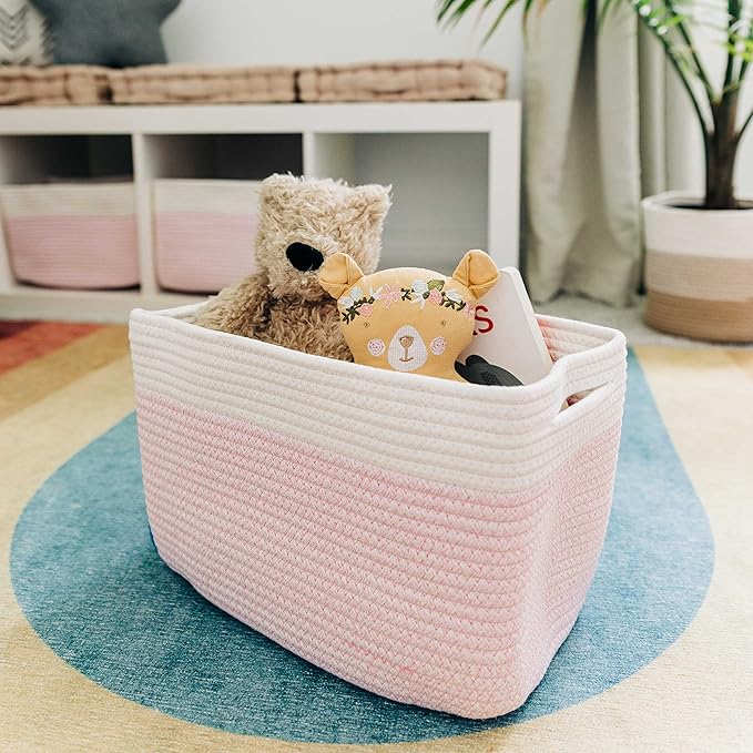 OrganiHaus Rope Baskets for Shelves - Set of 3 Woven Storage Baskets for Organizing, Closet & Toy Storage - Pink/Off-White - 15x9x10
