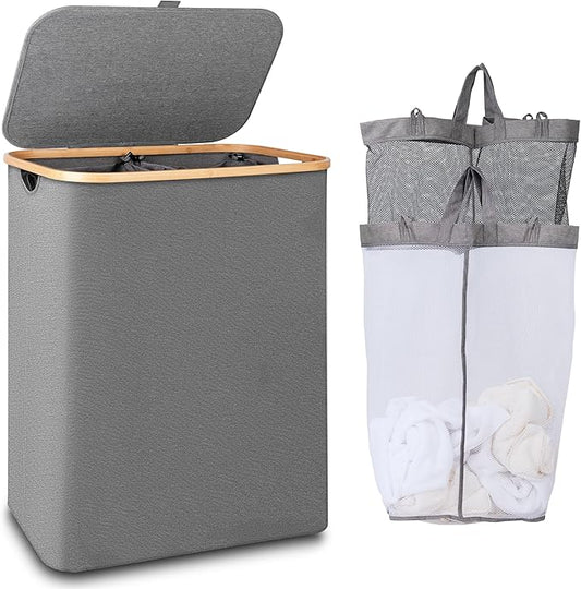 iEGrow 150L Laundry Hamper with Lid-Large Laundry Basket with Bamboo Handles, Grey Hampers for Laundry, Dirty Clothes Hamper with 2 Removable Inner Bags for Clothes Toys Towels
