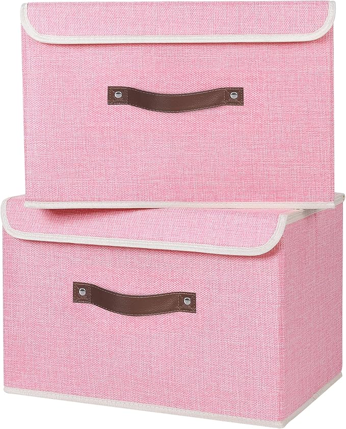 ANMINY 4PCS Storage Bin with Lid Storage Boxes with PU Leather Handles PP Plastic Board Decorative Foldable Lidded Cotton Linen Fabric Home Cubes Baskets Closet Organizer Container - Pink, Medium
