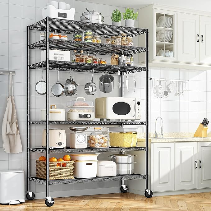 Romorgniz 82"H X45"W X18"D Storage Shelves with Wheels, 6 Tier Wire Shelving Adjustable Metal Shelving Pantry Shelves Capacity 1200LBS for Garage Shelving, Pantry, Kitchen, Closet, Commercial, Black