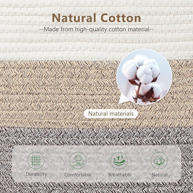 ECDYQXVU Cotton Rope Storage Basket, 15x10x9 Inches, Woven Basket for Shelves, Clothes, Towels, Books, and Laundry, White Brown (2 Pack)