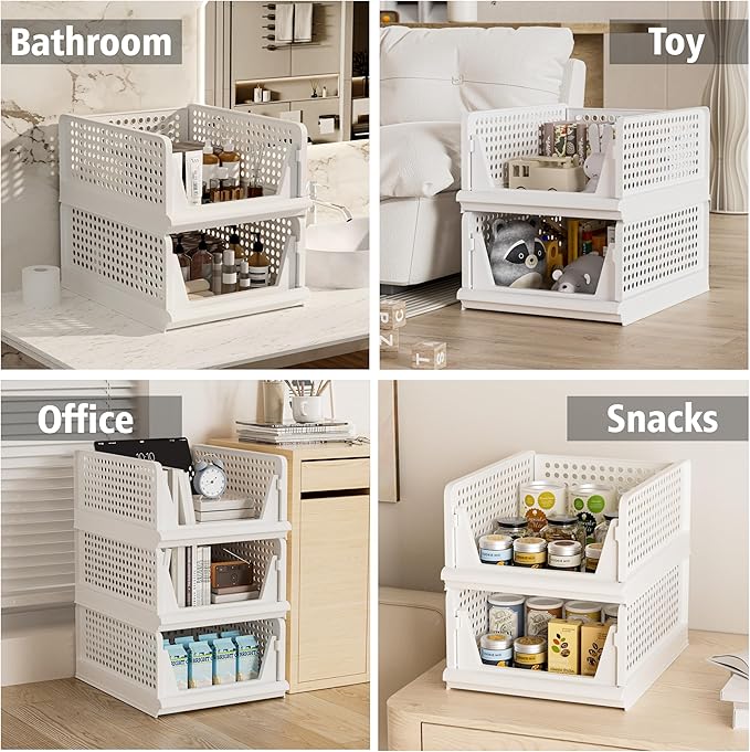 Proarea 5 Pack Stackable Plastic Storage Basket Closet Organizer Bin Foldable Clothes Organizer Storage Drawer Shelf Container for Living room Bathroom Kitchen Office (4L+1S)