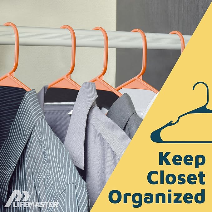 Lifemaster Plastic Clothes Hangers – Heavy Duty Hanger Set, for Organizing Clothes, Dresses, and Coat, Holds Up to 5 lbs, Space-Saving Hangers with Non-Slip Shoulder Grooves, Pack of 50, Orange