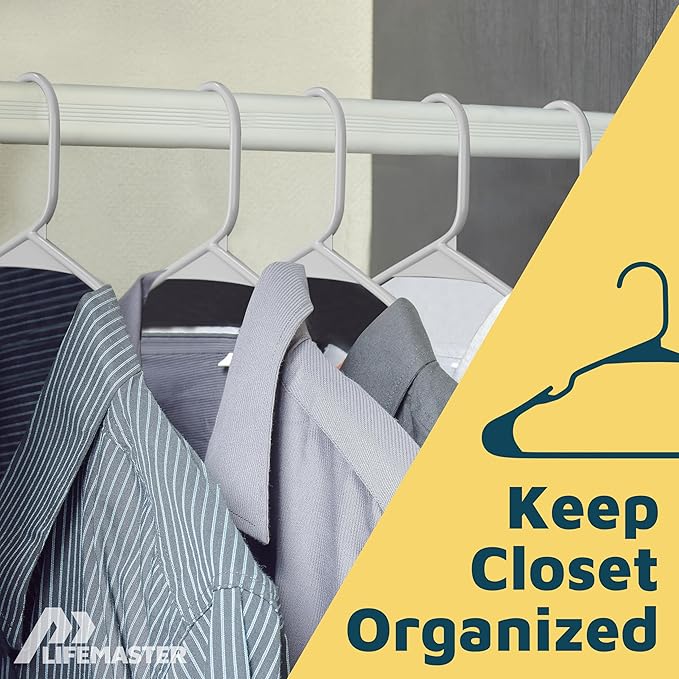 Lifemaster Plastic Clothes Hangers – Heavy Duty Hanger Set, for Organizing Clothes, Dresses, and Coat, Holds Up to 5 lbs, Space-Saving Hangers with Non-Slip Shoulder Grooves, Pack of 30, Gray