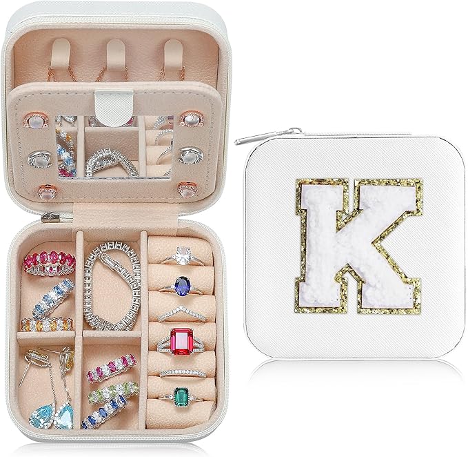Parima Gift for Women - Personalized Birthday Gift for Woman Her, Travel Gifts, Small Gifts, Cute Travel Jewelry Cases Small Jewelry Box | Letter K, White