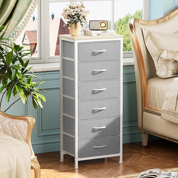 Huuger 43.3 Inch Tall Dresser for Bedroom, 6 Drawer Night Stand & Chests of Drawers, Fabric Dresser for Closet, Bedroom, Nightstand, End Table with Metal Frame, Storage Tower with Fabric Bins, Grey