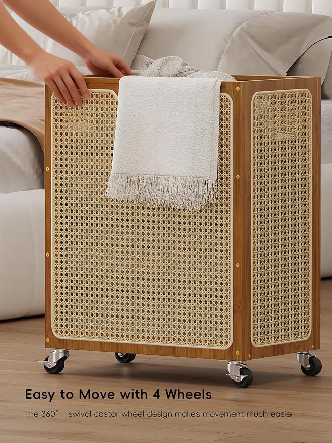 Laundry Hamper with Wheels, Decorative Boho Rattan Laundry Baskets, 90L Large Bamboo Dirty Clothes Basket Organizer, Rolling Wicker Laundry Hampers for Bathroom,Bedroom