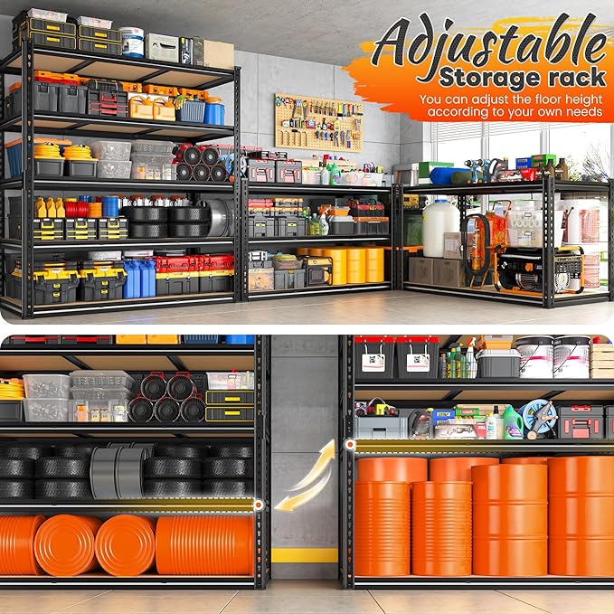 REIBII 48" W Garage Shelving 3080LBS Storage Shelves 5 Tier Heavy Duty Shelving Adjustable Garage Shelves for Basement, Warehouse, Commercial, Easy Assemble, 48" W x 72" H x 24" D, 2PC