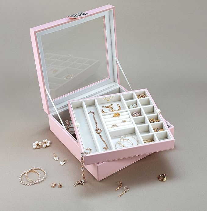 Glenor Co 28 Section Jewelry Box - 2 Layer & Buckle Magnet Closure - Large Glass Top - Leather Design - Soft Pink - Jewelry Organizer for Women & Girls - for Earring Ring Necklace & Bracelet