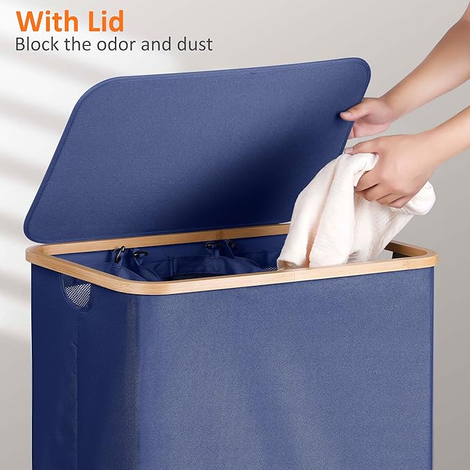 efluky Laundry Hamper with Lid, Trio Laundry Hamper with 3 Removable Bags, 3 Section Laundry Basket with Bamboo Handles for Bathroom, Bedroom & Laundry Room, 160L Blue