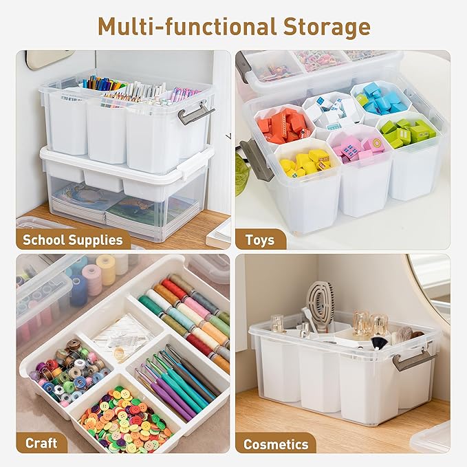 Citylife 17 QT Plastic Storage Box with Removable and 6 Detachable Inserts, Clear White