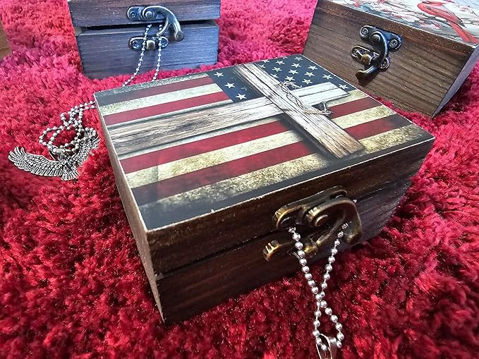 Patriotic Cross American Flag Trinket Box Rosary Jewelry Keepsake Box | US Flag Treasure Box, Patriot Gifts for Men Women Girls Gift Idea, Prayer, First Communion Box, Gifts for Home Décor (3USS)