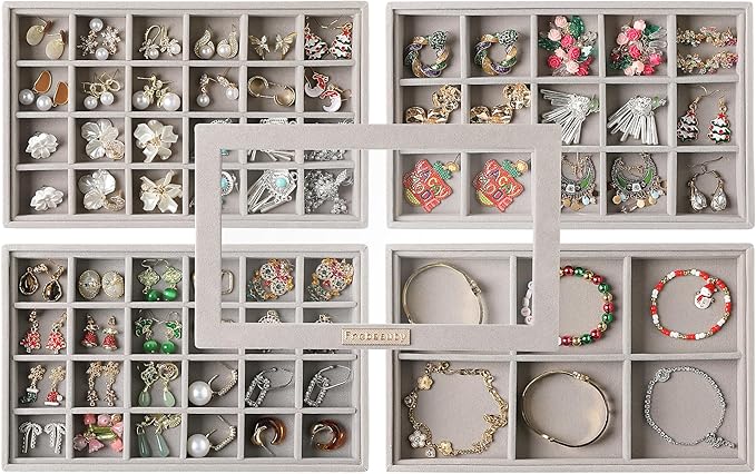 Frebeauty Earring Holder Stackable Jewelry Trays,Velvet Drawer Jewelry Organizer with Glass Lid, 5 in 1 Jewelry Box for Earrings Rings Studs,10.5 x 6.5 x 5.55 Inches Gift for Women (Grey)