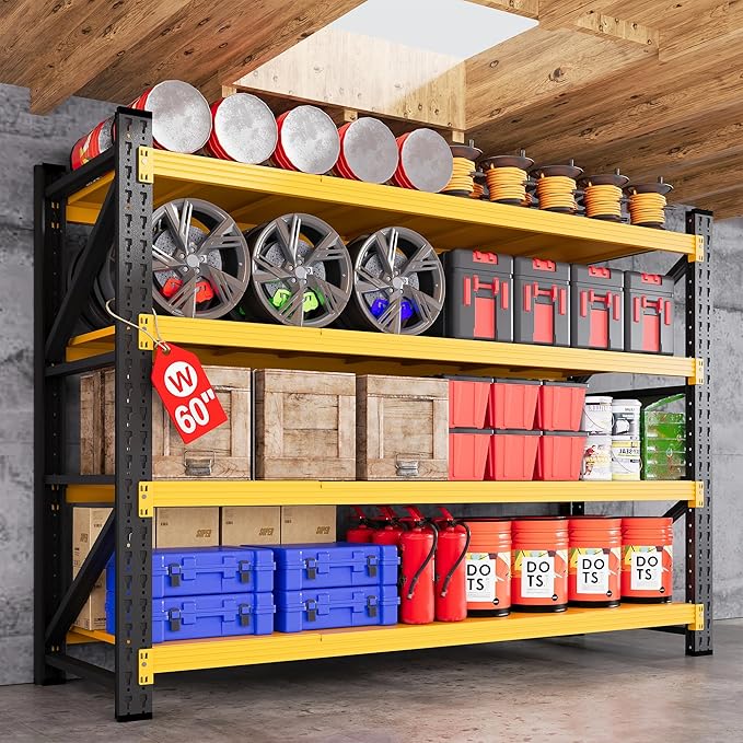 60" Wide Garage Shelving Heavy Duty, 24" Deep Large Metal Storage Shelves, 4 Tier Tall Steel Industrial Shelving, 5000 LBS Adjustable Standing Shelf for Warehouse/Shop 60" W x 24" D x 70" H