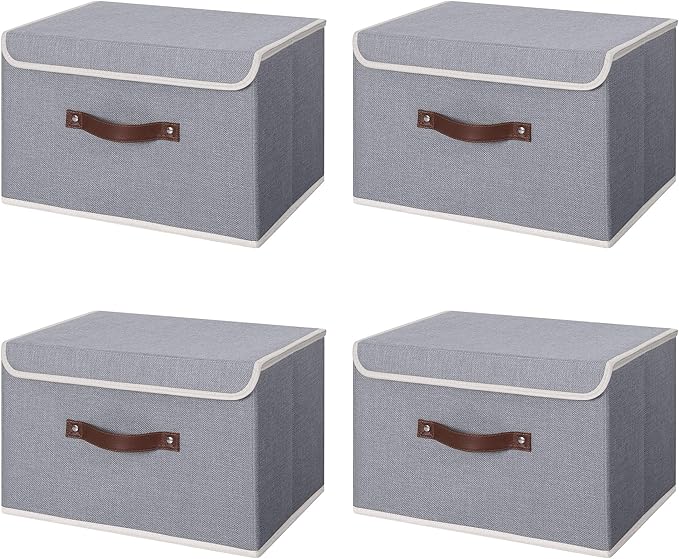 ANMINY 4PCS Storage Bin with Lid Storage Boxes with PU Leather Handles PP Plastic Board Decorative Foldable Lidded Cotton Linen Fabric Home Cubes Baskets Closet Organizer Container - Gray, Medium