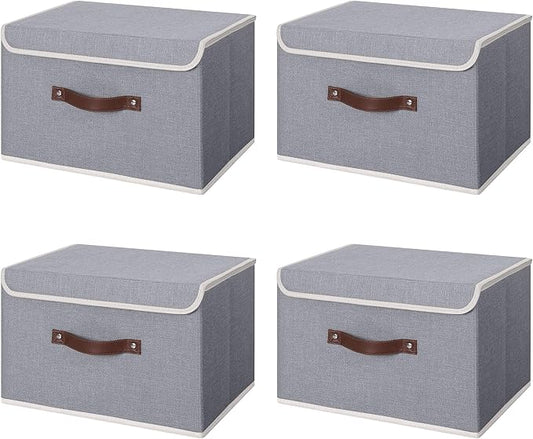 ANMINY 4PCS Storage Bin with Lid Storage Boxes with PU Leather Handles PP Plastic Board Decorative Foldable Lidded Cotton Linen Fabric Home Cubes Baskets Closet Organizer Container - Gray, Medium