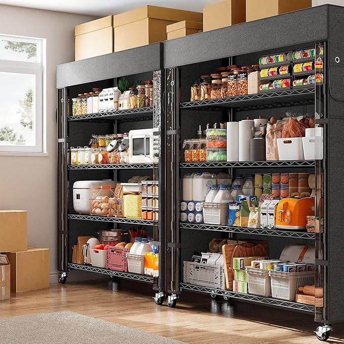REIBII 72.8" H Storage Shelves with Cover & Wheels, Wire Shelving Heavy Duty Metal Shelving for Pantry Kitchen Garage, Storage Rack Shelf Shelving for Commercial Industrail, 35" W*16" D*72.8" H