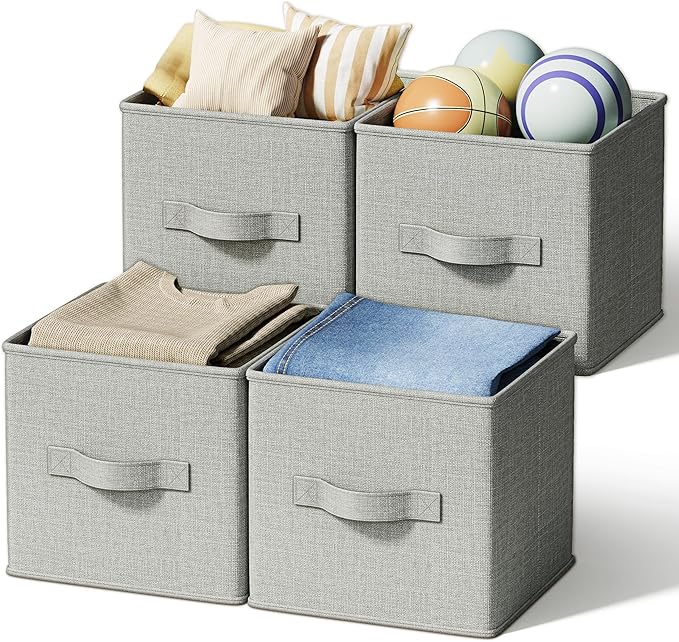 LayerSpace 4 Pack Foldable Fabric Closet Storage Bins, 11Inch Organizer Cubes with Handles, Linen Storage Boxes for Clothes, Toys, Books and Home Organization,Gray