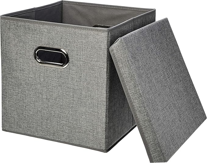 Amazon Basics Foldable Burlap Cloth Cube Storage Bins with Lid, Collapsible Organizing Containers, Stackable and Sturdy, Gray, Set of 2
