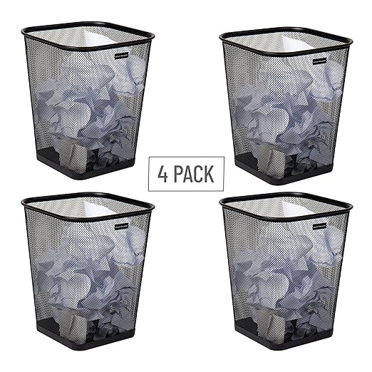 Mind Reader Mesh Trash Can, Waste Paper Basket, Square, Office, Metal Mesh, 9.75" L x 9.75" W x 12.25" H, Set of 4, Black